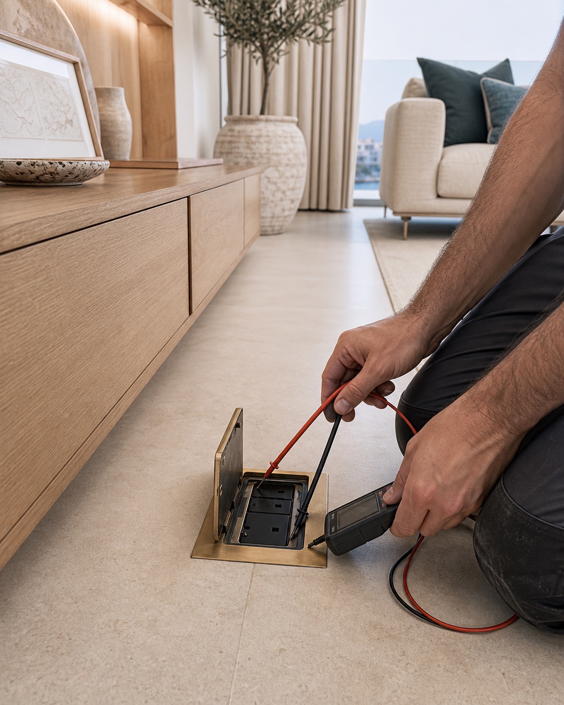 Flush brass floor socket being tested in a completed living room