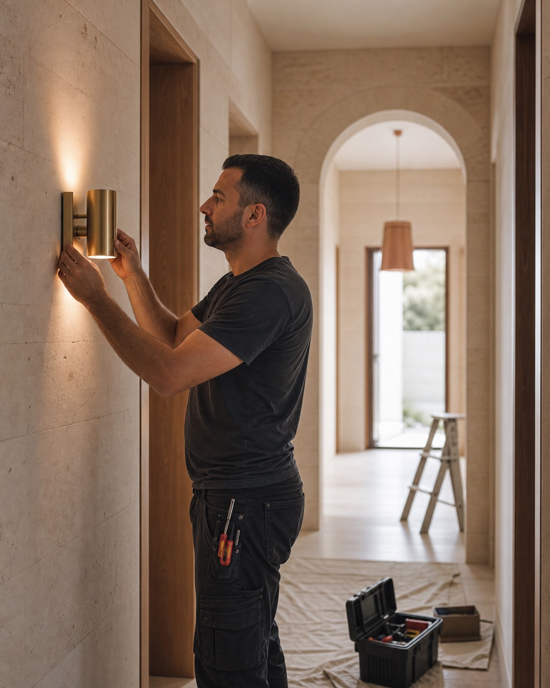 Electrician aligning a brass wall light in a limestone hallway