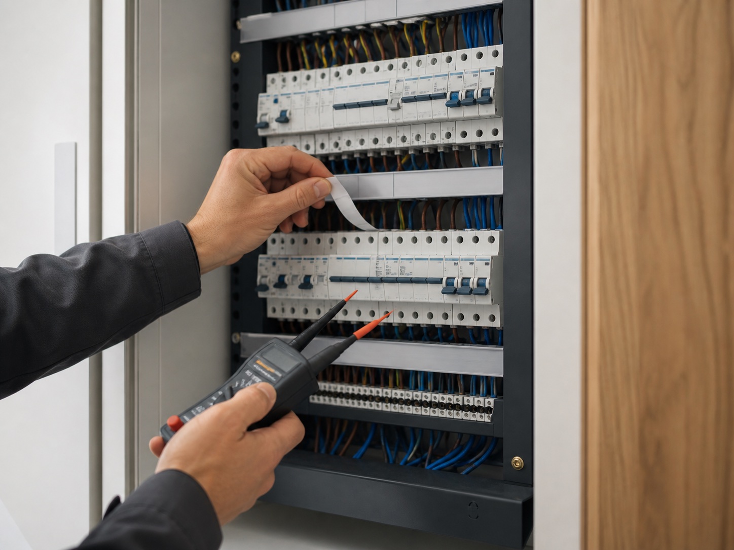 Organised residential consumer unit being labelled and tested